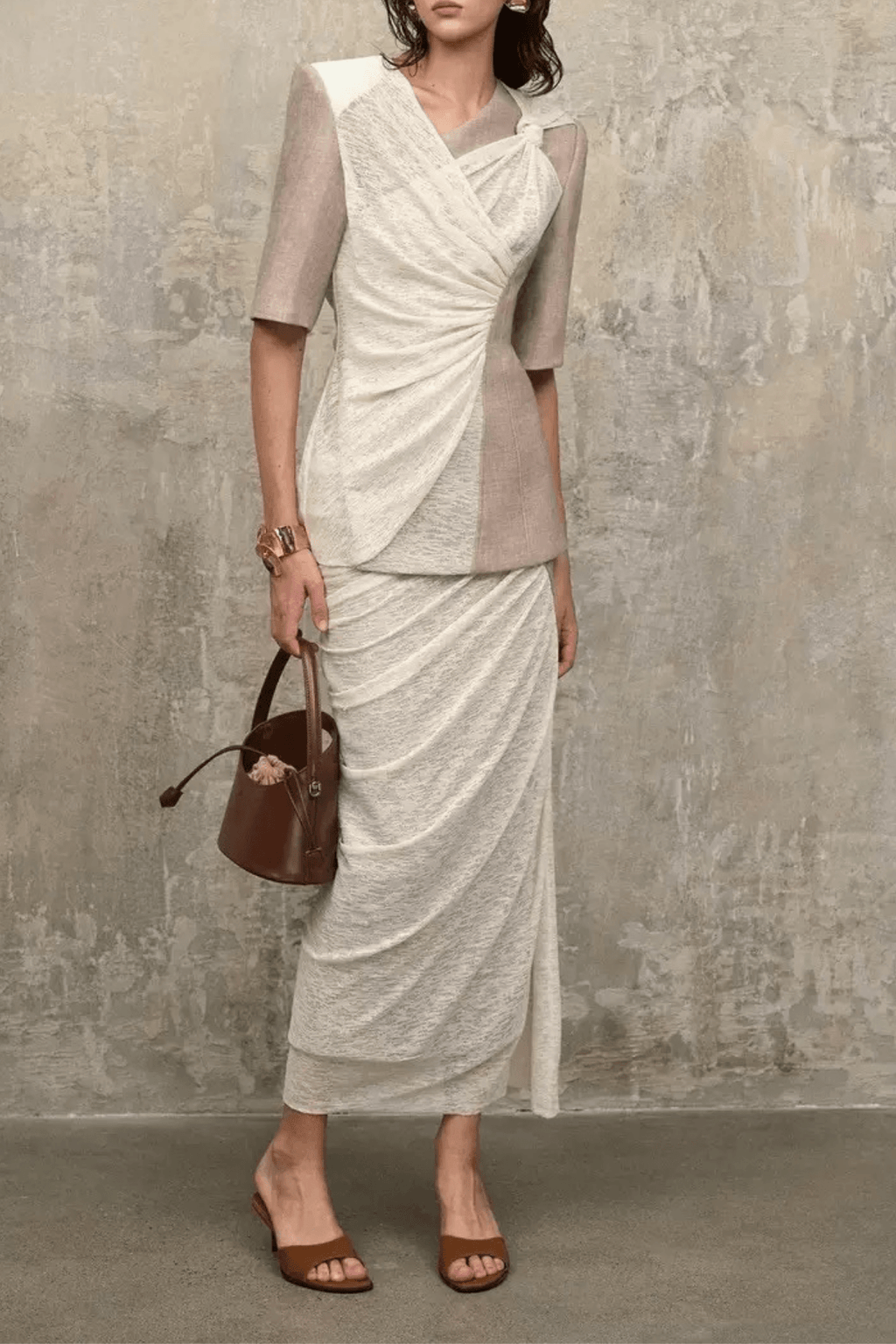 Sandra Color Block Fake Two‑Piece Wrap Midi Dress Avalabel