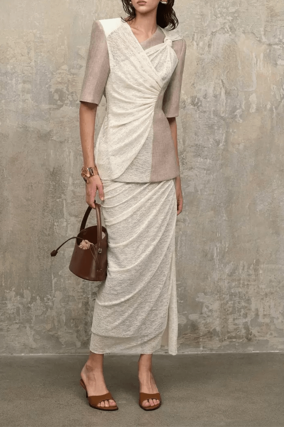 Sandra Color Block Fake Two‑Piece Wrap Midi Dress Avalabel