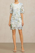 Hazel Floral Printed Lace Mini Dress in Sky Blue Avalabel