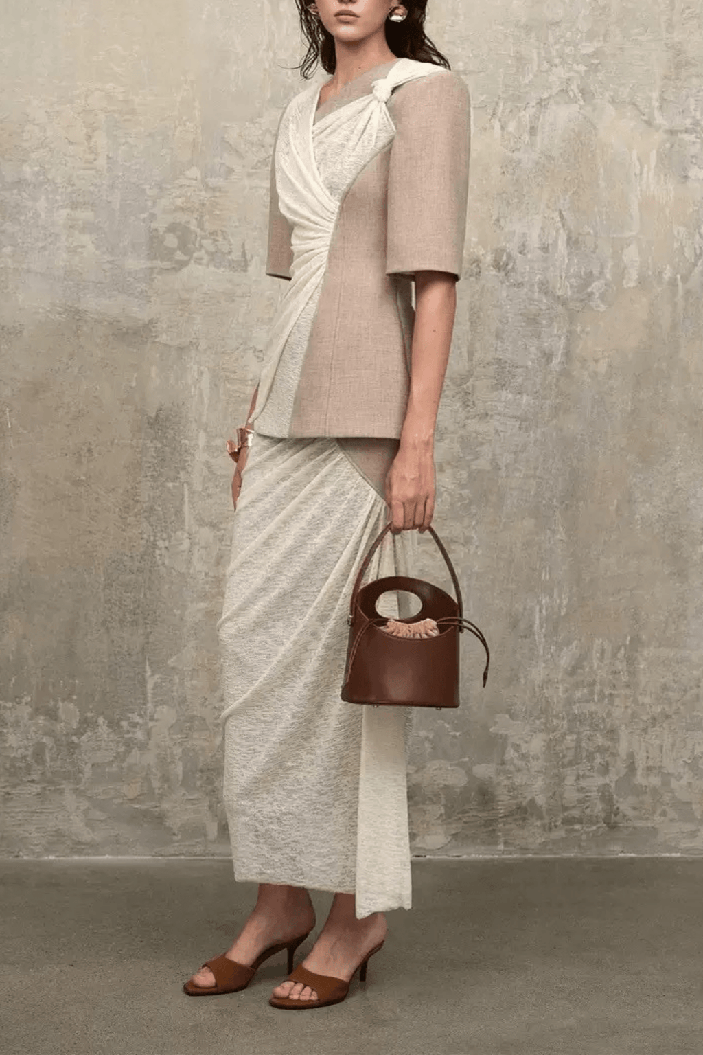 Sandra Color Block Fake Two‑Piece Wrap Midi Dress Avalabel