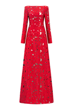 Rhinestone Boat Neck Floral Hollow Lasercut Maxi Dress - Red Avalabel