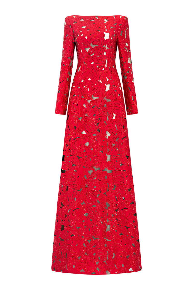 Rhinestone Boat Neck Floral Hollow Lasercut Maxi Dress - Red Avalabel