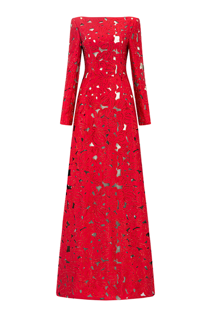 Rhinestone Boat Neck Floral Hollow Lasercut Maxi Dress - Red