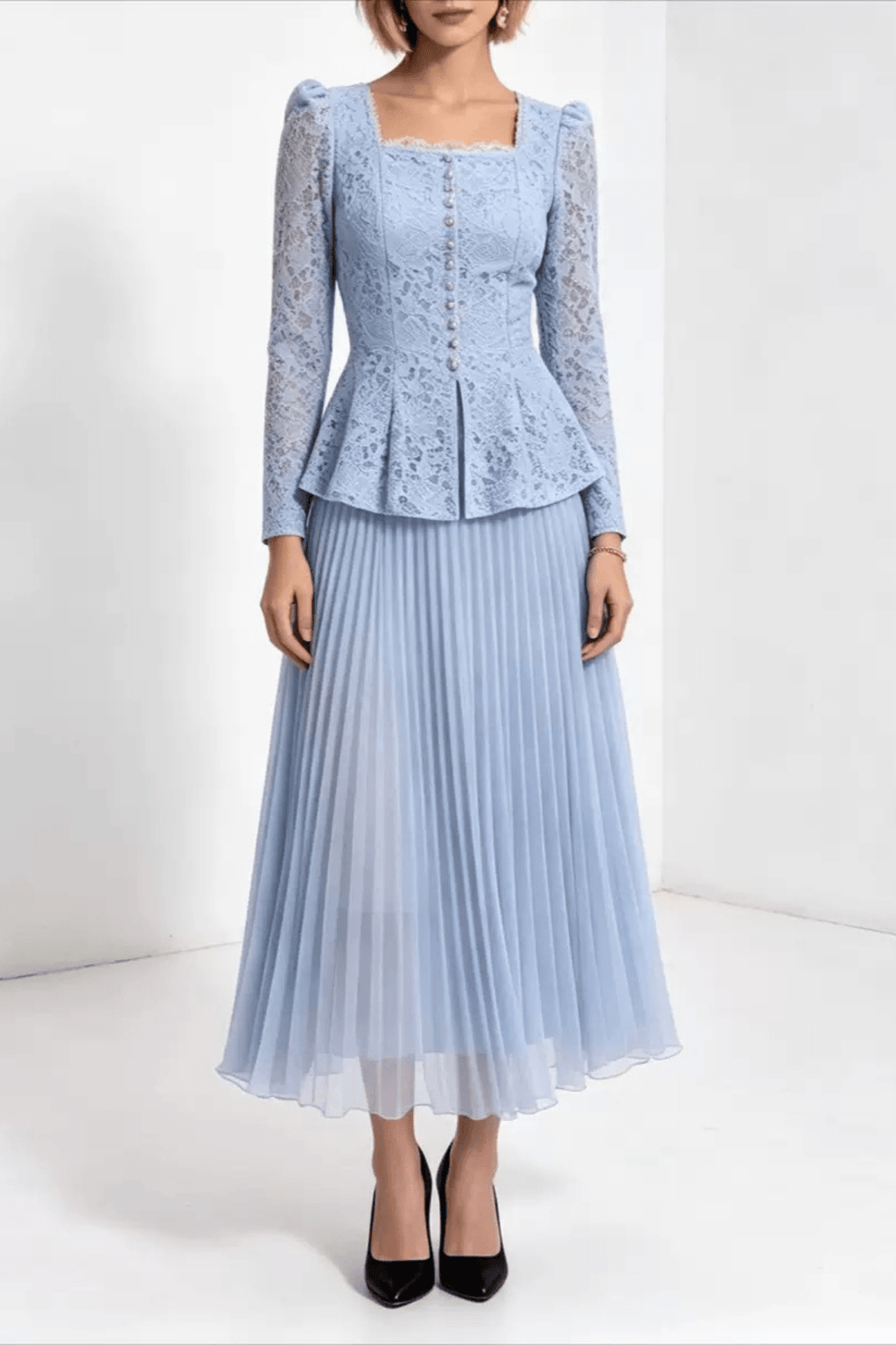 Lucy Lace Peplum Top and Pleated Skirt Two Piece Set Avalabel