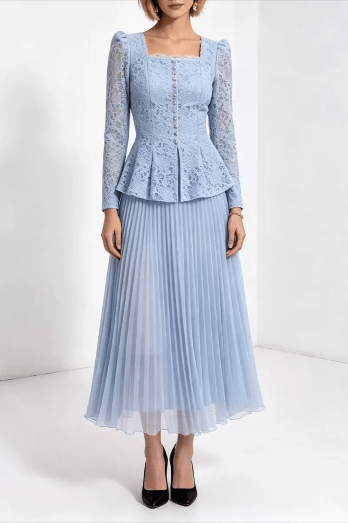 Lucy Lace Peplum Top and Pleated Skirt Two Piece Set Avalabel