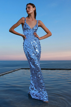 Zoey Blue Sequin V-Neck Spaghetti Strap Maxi Dress Avalabel