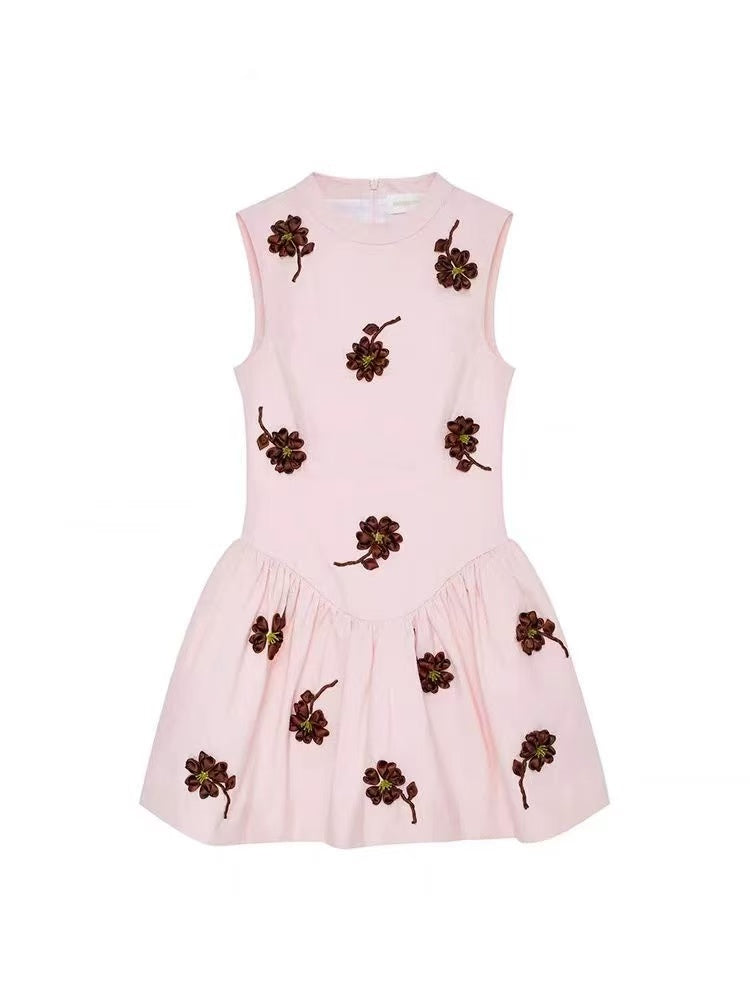Vivien Flower Embellished Puffy Mini Dress in Pink Avalabel