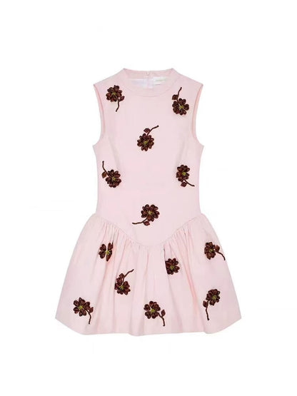 Vivien Flower Embellished Puffy Mini Dress in Pink