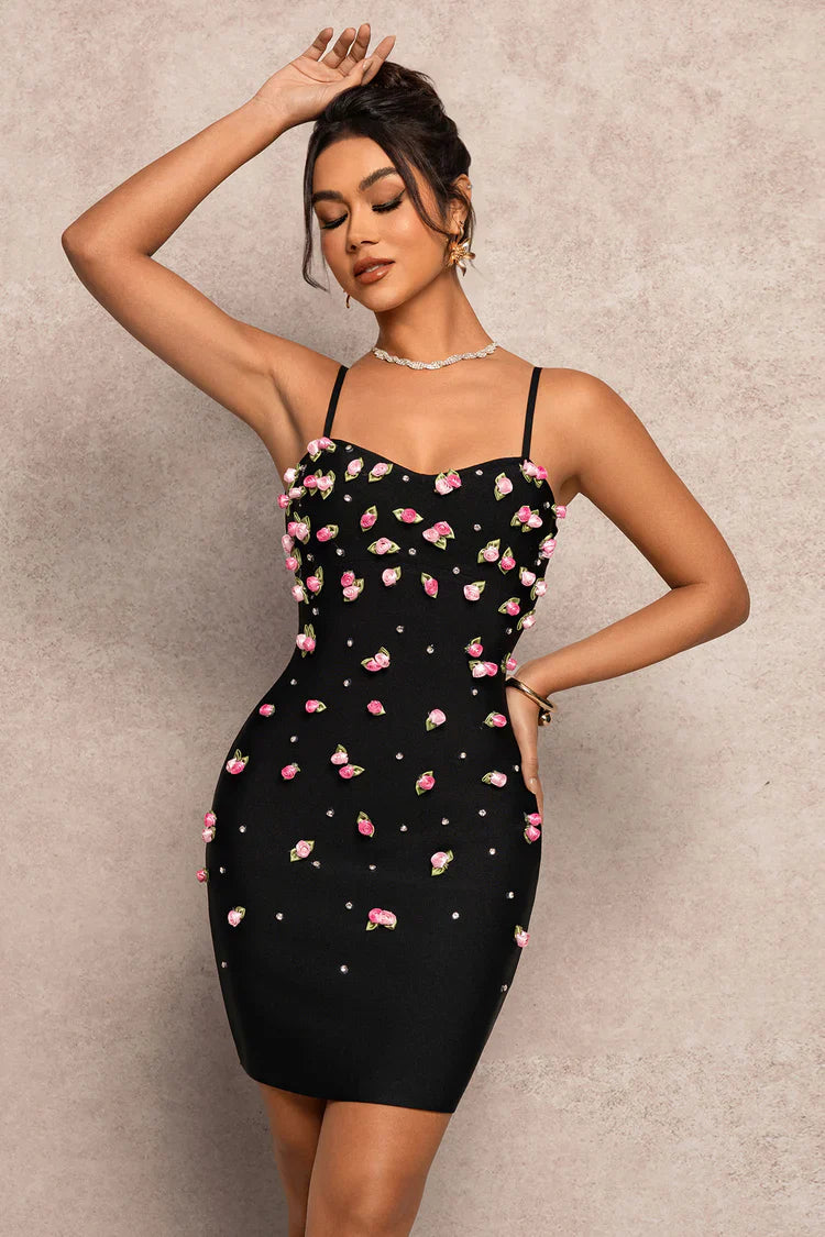 violet black 3D Rose Appliqués Bodycon mini Dress Avalabel