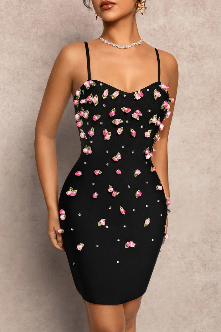 violet black 3D Rose Appliqués Bodycon mini Dress Avalabel