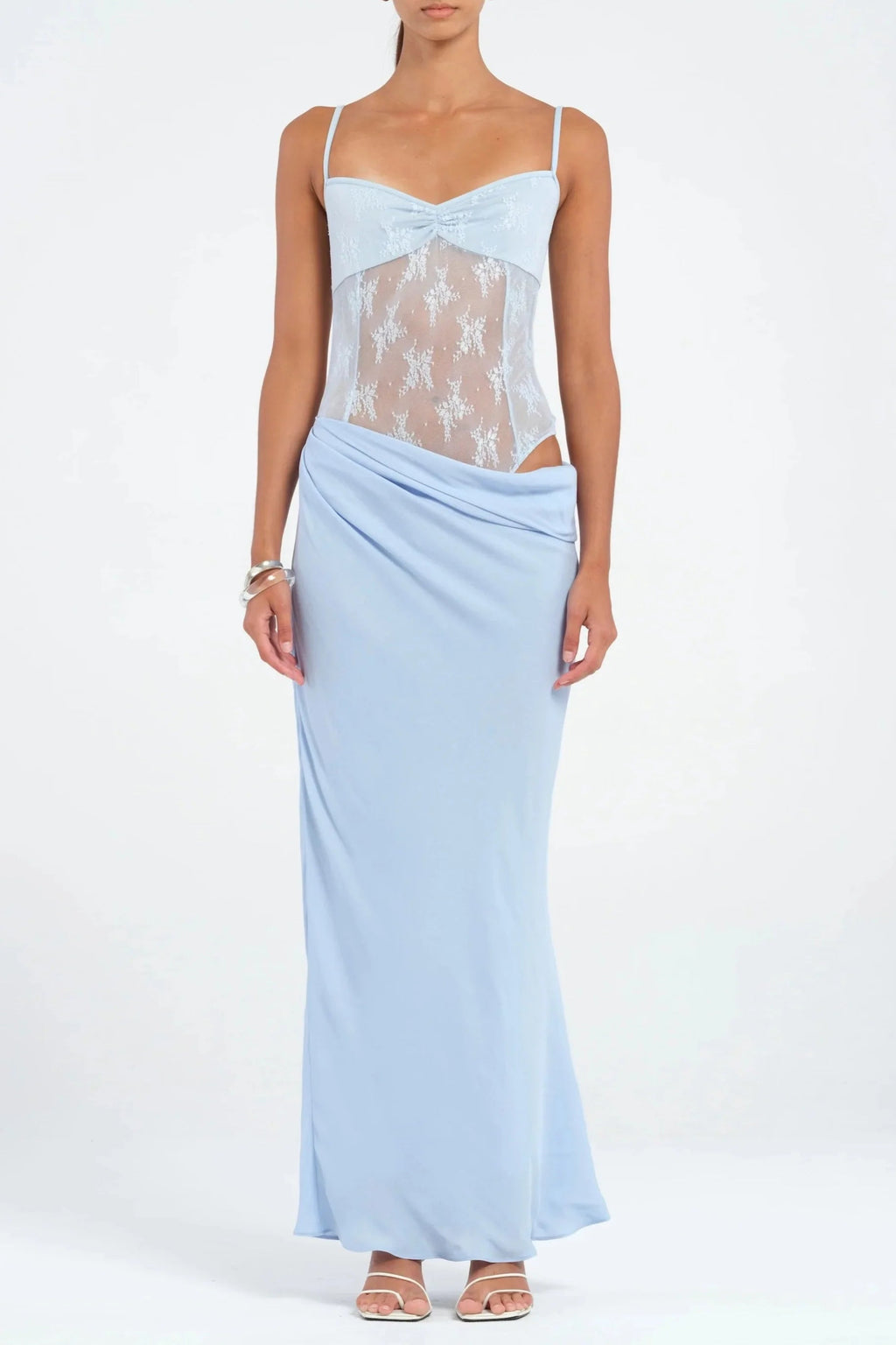 Hollow Pleated Suspenders with Ruffles Maxi Dress in Blue Avalabel