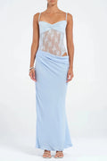 Hollow Pleated Suspenders with Ruffles Maxi Dress in Blue Avalabel