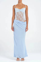 Hollow Pleated Suspenders with Ruffles Maxi Dress in Blue Avalabel