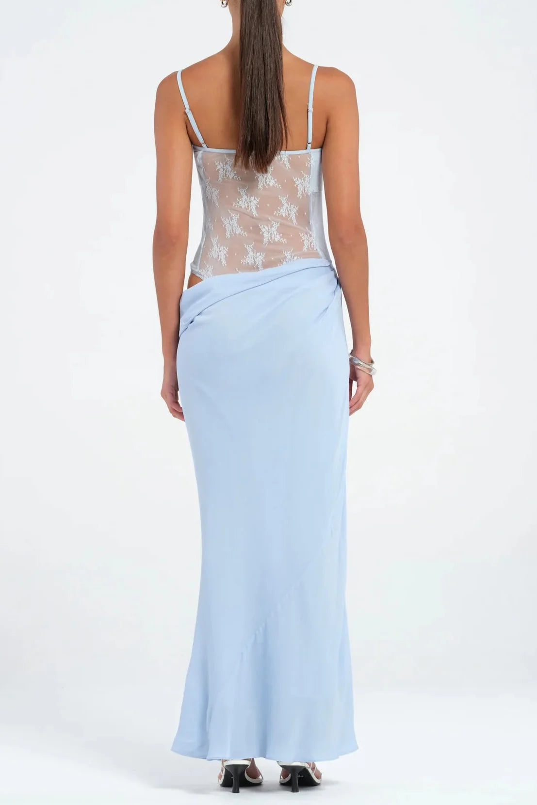 Hollow Pleated Suspenders with Ruffles Maxi Dress in Blue Avalabel