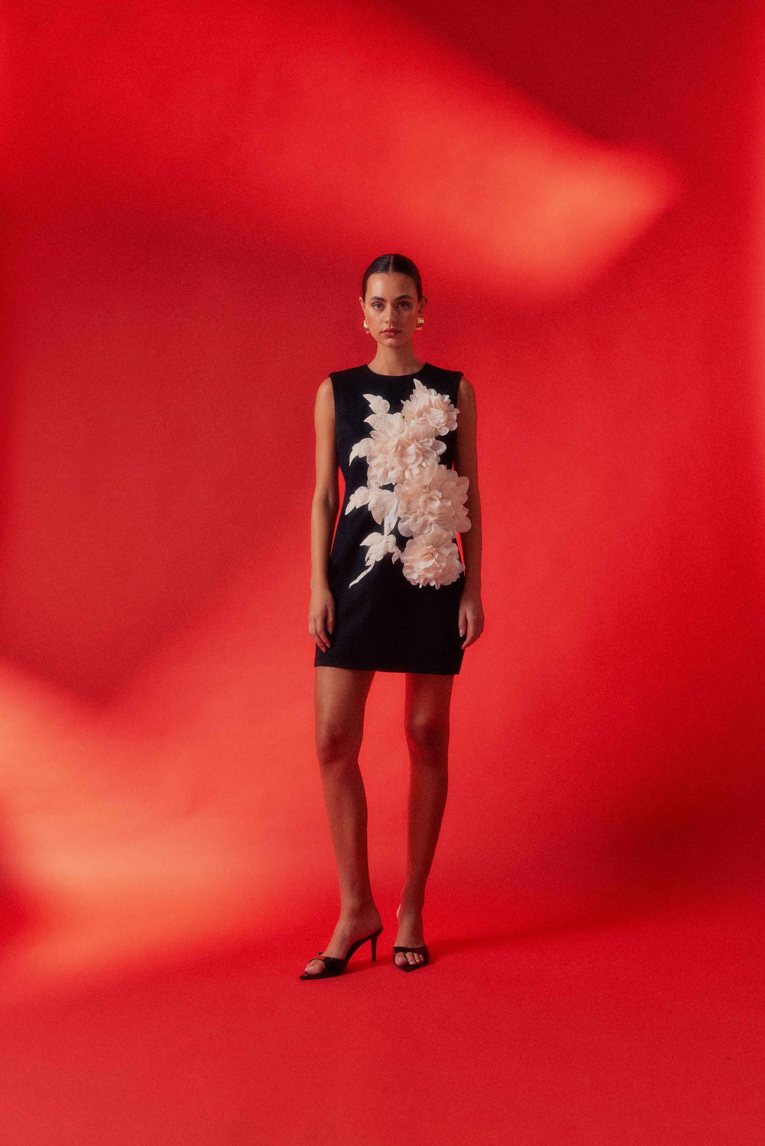 mandy 3d flower embellished Mini Dress in Black Avalabel