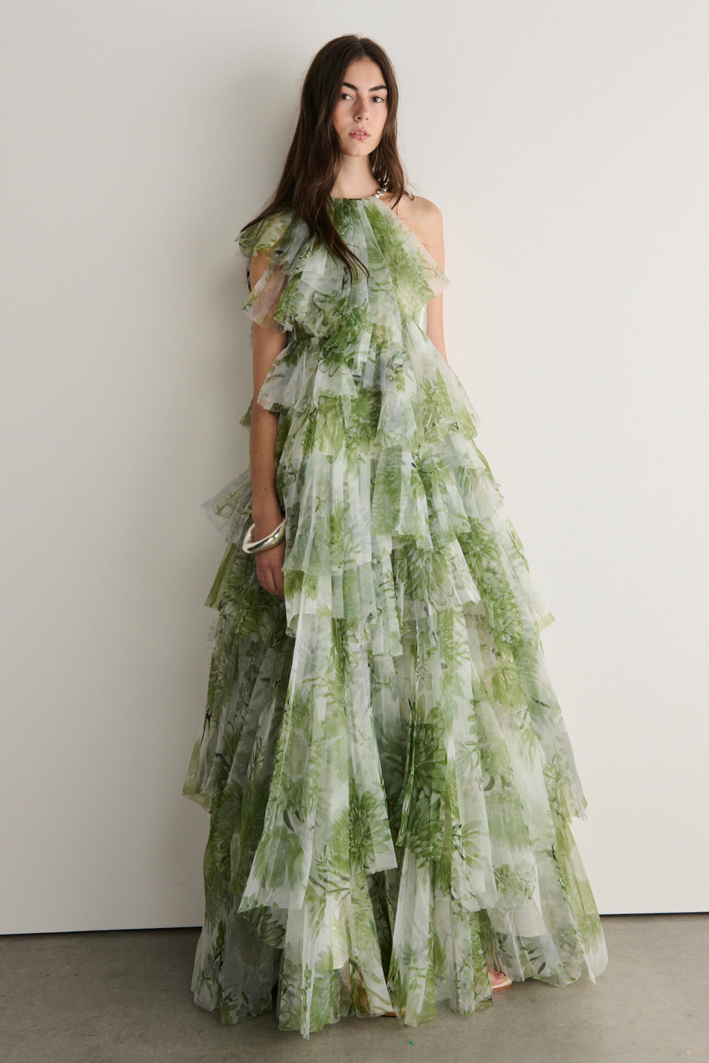 Claire Green Floral Print Pleated Layer Maxi Dress Avalabel