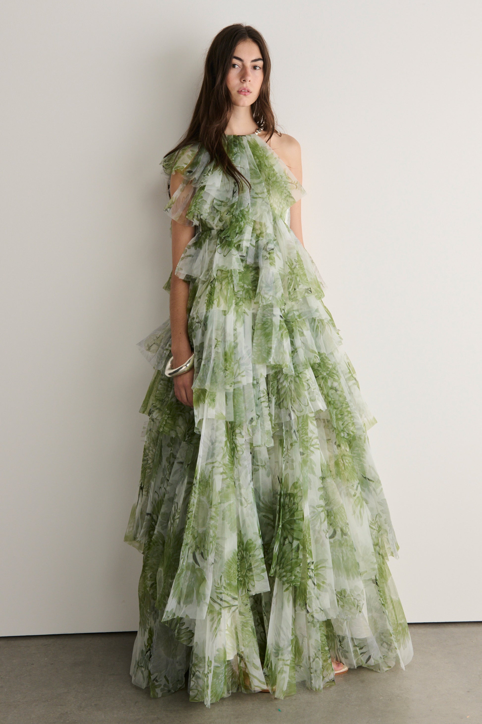 Claire Green Floral Print Pleated Layer Maxi Dress Avalabel