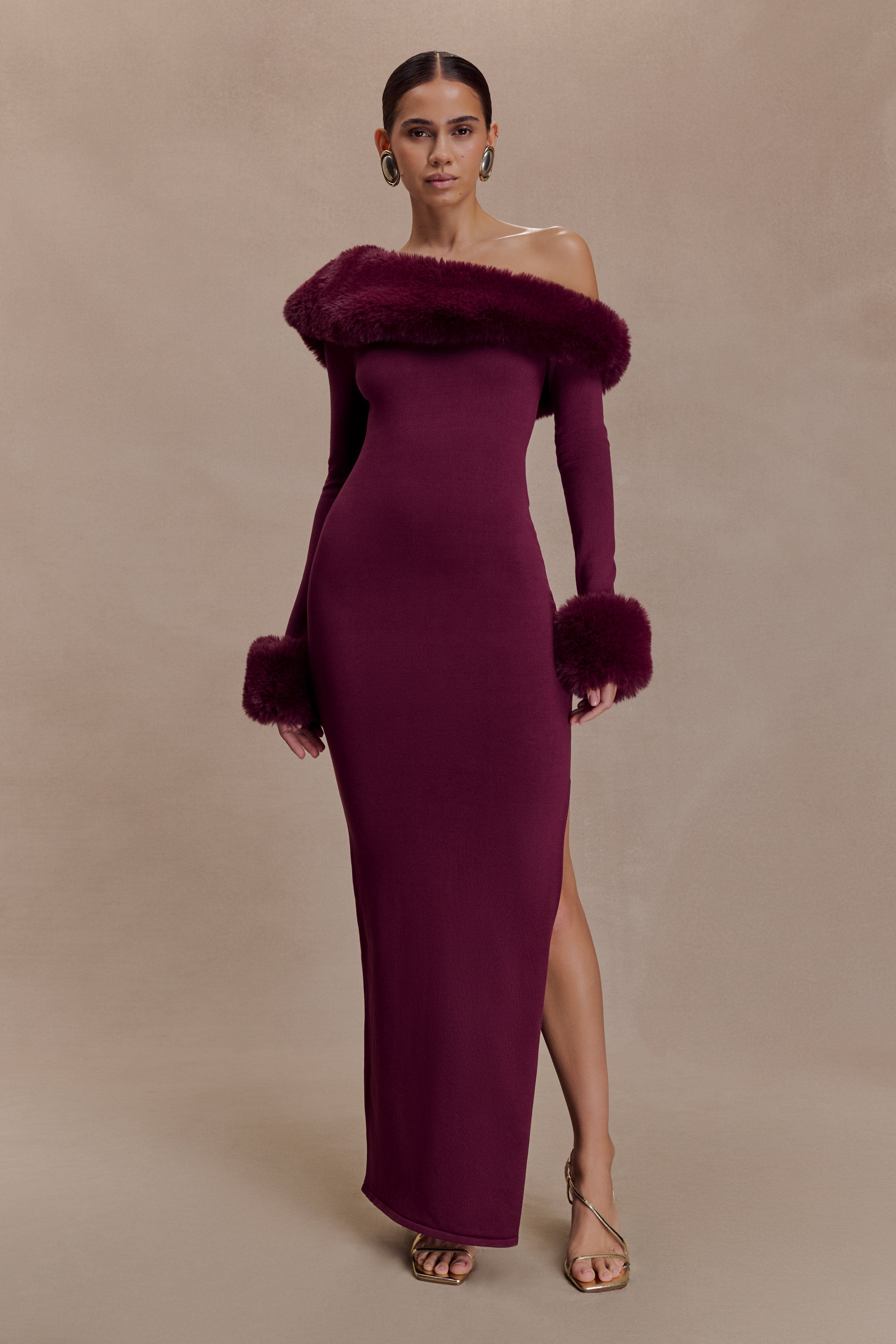 rebecca Faux Fur Knit Maxi Dress - Plum Avalabel