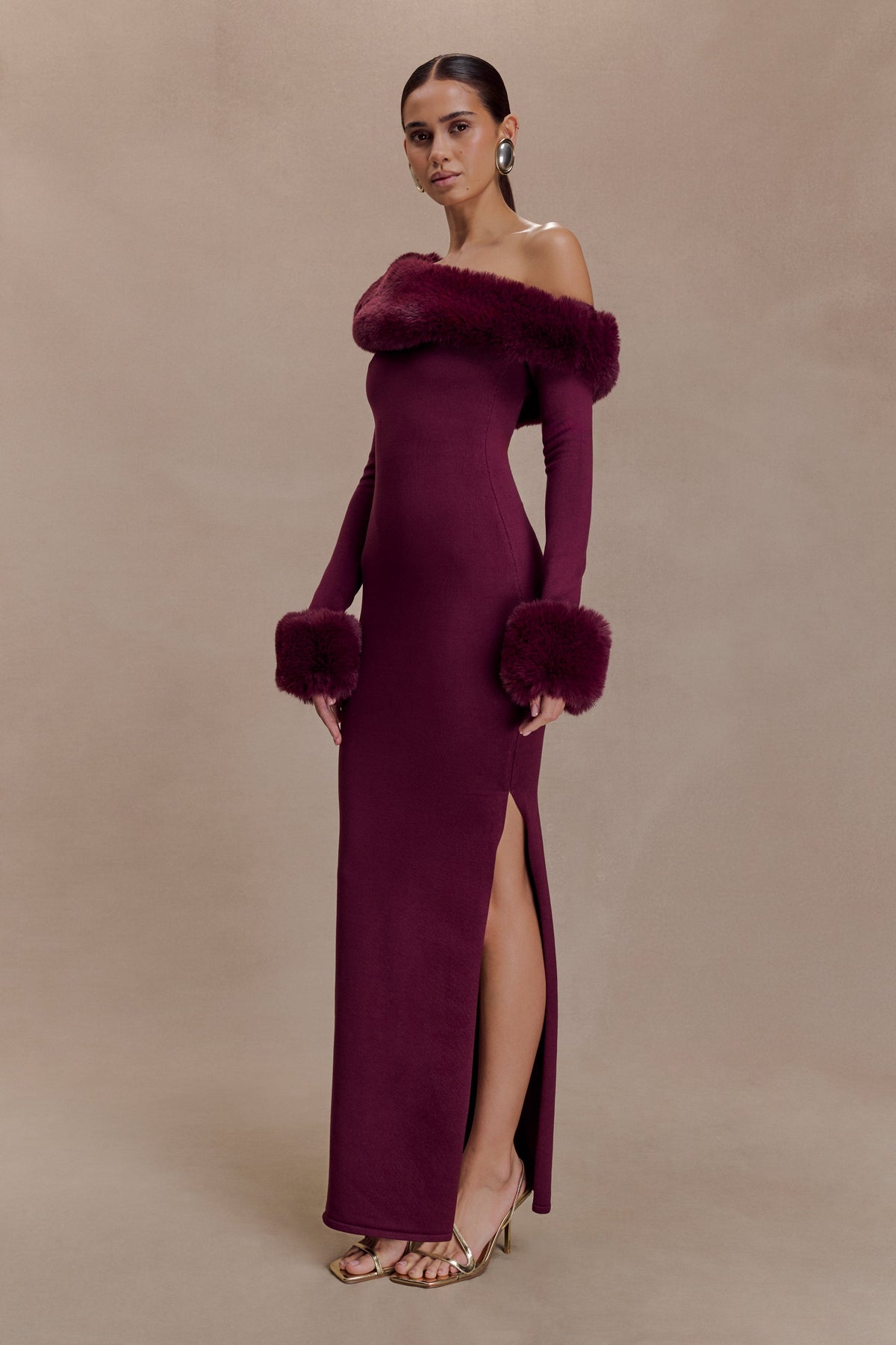 rebecca Faux Fur Knit Maxi Dress - Plum Avalabel
