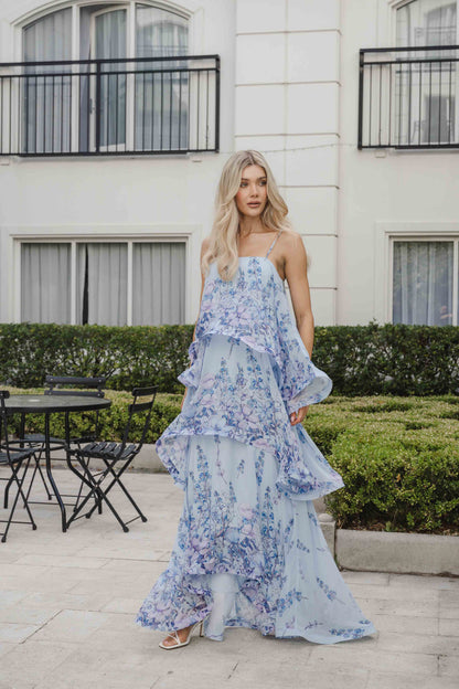 Sandy Tiered Maxi Dress In Baby Blue Floral