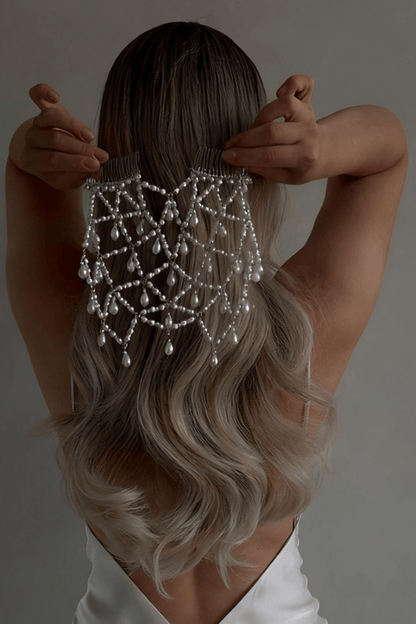 Beaded Pearl Web Drop Formal Hair Comb Avalabel