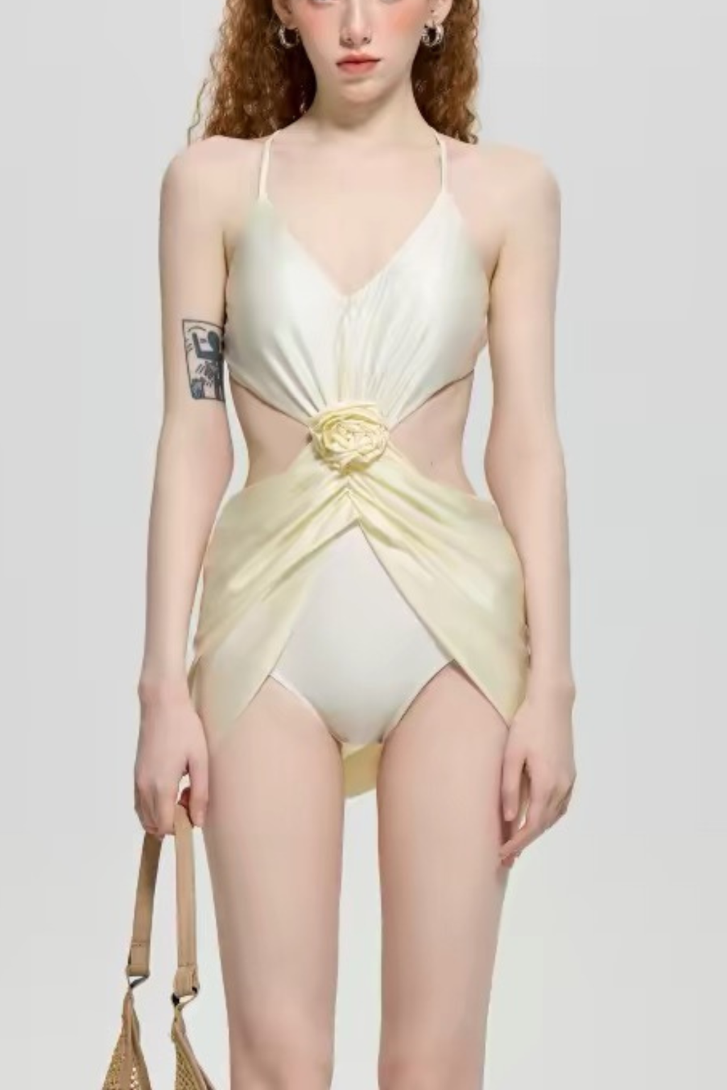Elowen Cream Satin 3D Rose Cutout Wrap One Piece Swimsuit Avalabel