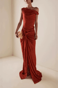 Sherry Red Jacquard One‑Shoulder Twist Slit Dress Avalabel
