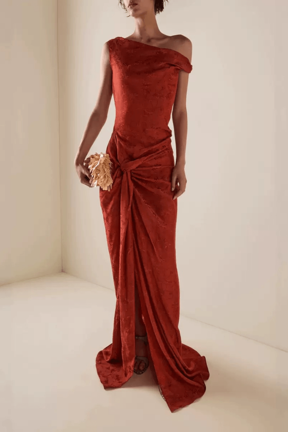 Sherry Red Jacquard One‑Shoulder Twist Slit Dress Avalabel