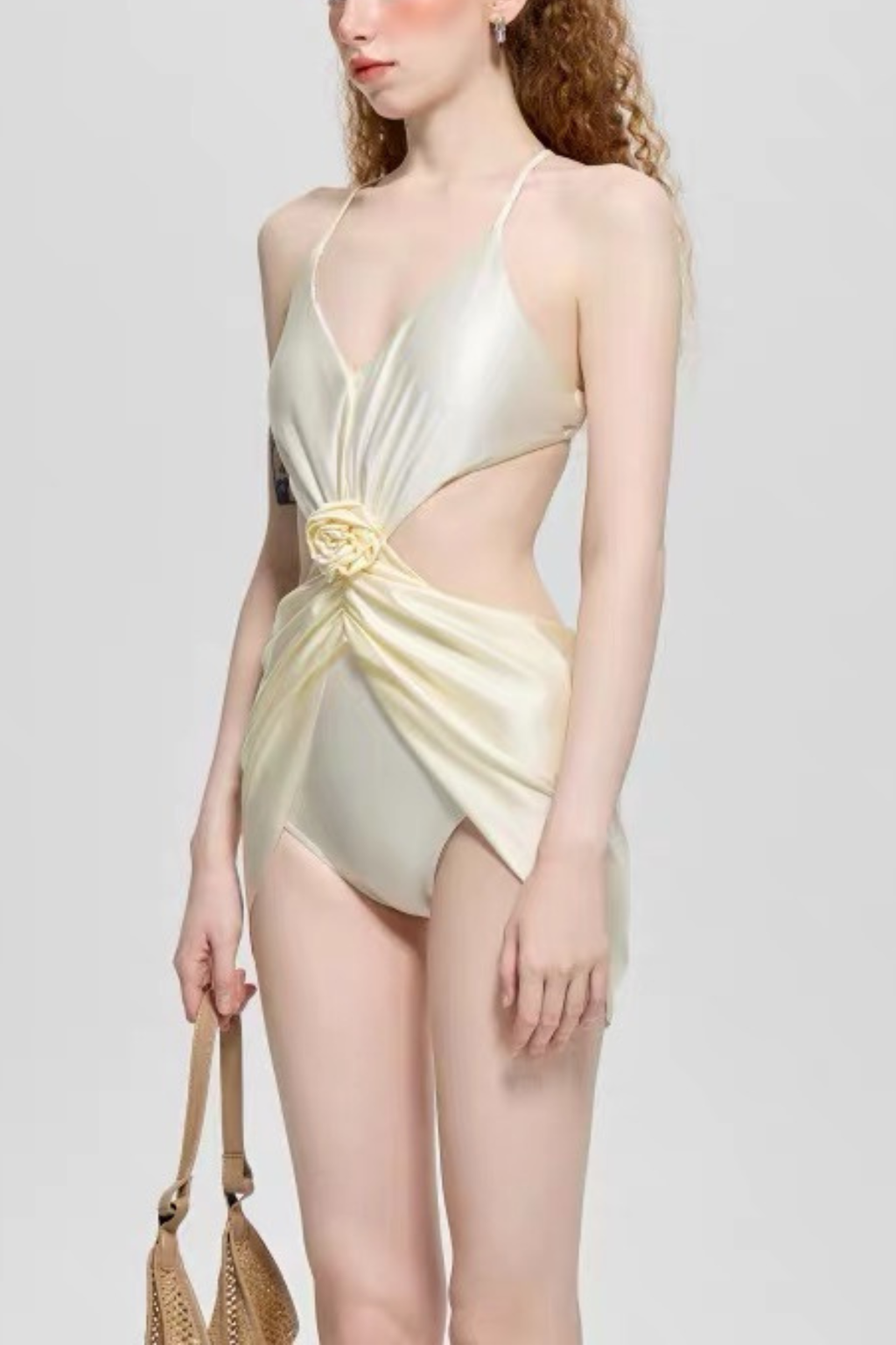 Elowen Cream Satin 3D Rose Cutout Wrap One Piece Swimsuit Avalabel