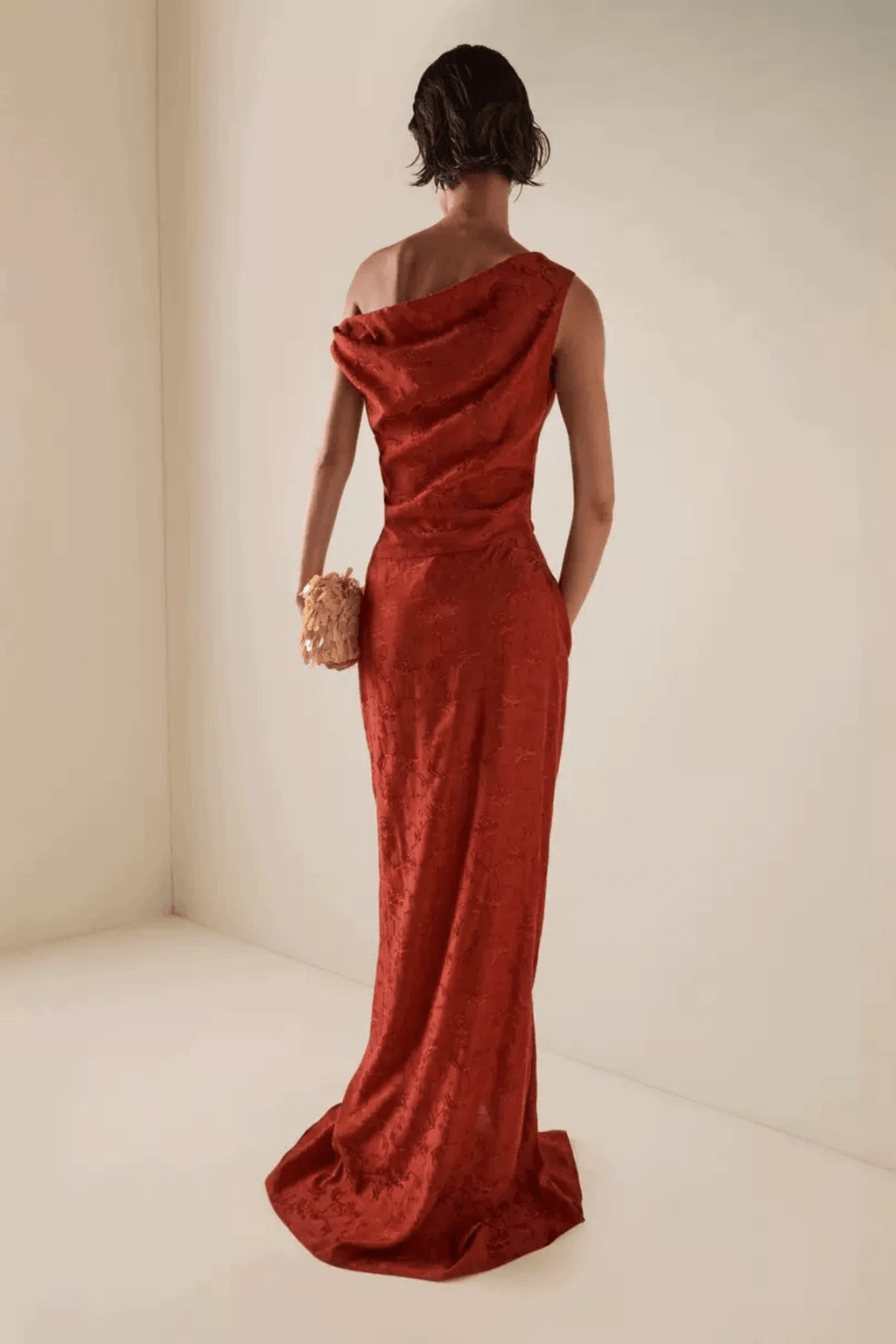 Sherry Red Jacquard One‑Shoulder Twist Slit Dress Avalabel