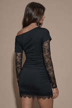 Stella Black Asymmetric Lace Mini Dress Avalabel