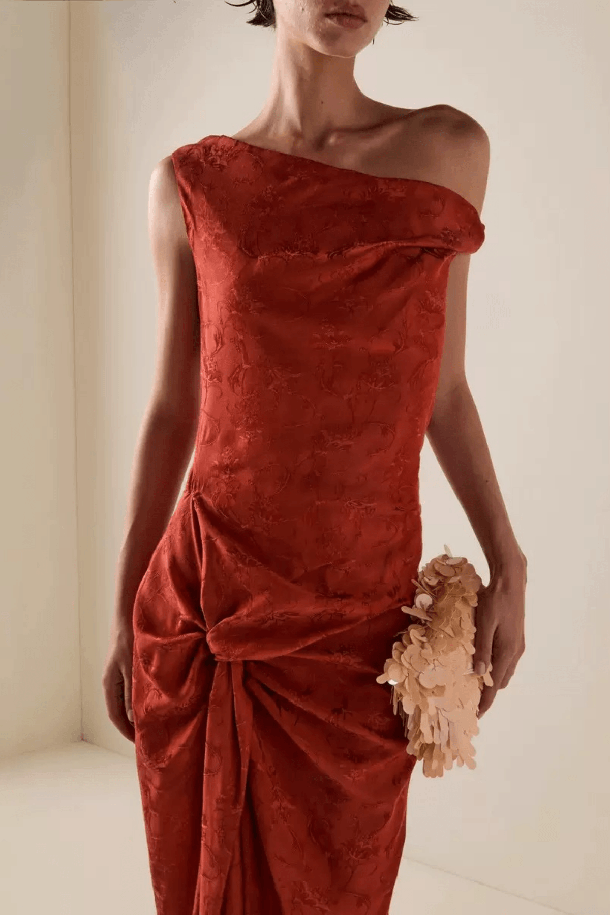 Sherry Red Jacquard One‑Shoulder Twist Slit Dress Avalabel