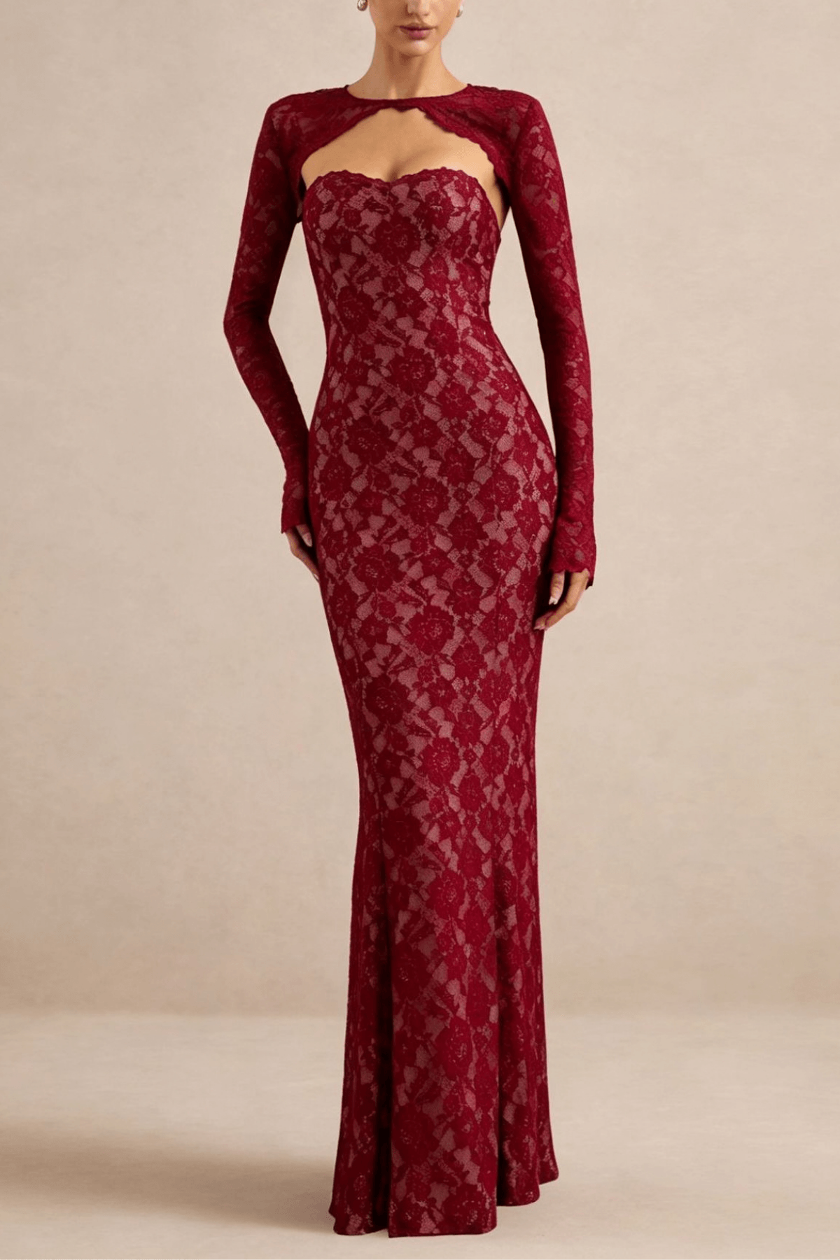 Jenny Burgundy Lace Mermaid Maxi Dress Avalabel