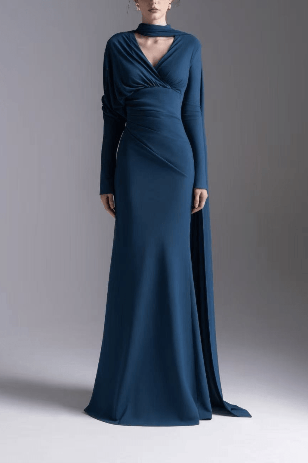 Rose Blue Draped Long Sleeve Maxi Dress Avalabel