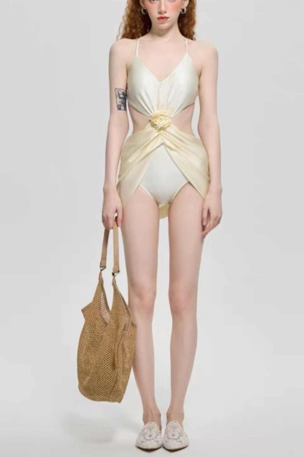 Elowen Cream Satin 3D Rose Cutout Wrap One Piece Swimsuit Avalabel