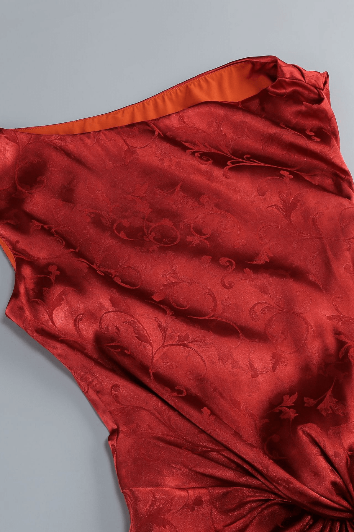 Sherry Red Jacquard One‑Shoulder Twist Slit Dress Avalabel