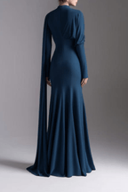 Rose Blue Draped Long Sleeve Maxi Dress Avalabel