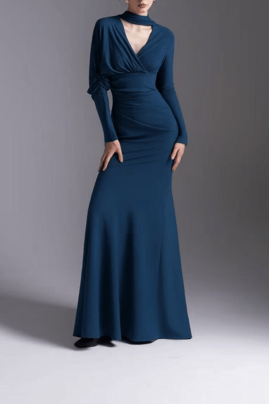 Rose Blue Draped Long Sleeve Maxi Dress Avalabel