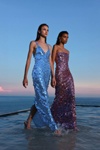 Zoey Blue Sequin V-Neck Spaghetti Strap Maxi Dress Avalabel