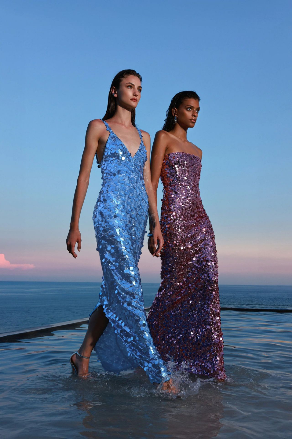 Zoey Blue Sequin V-Neck Spaghetti Strap Maxi Dress Avalabel
