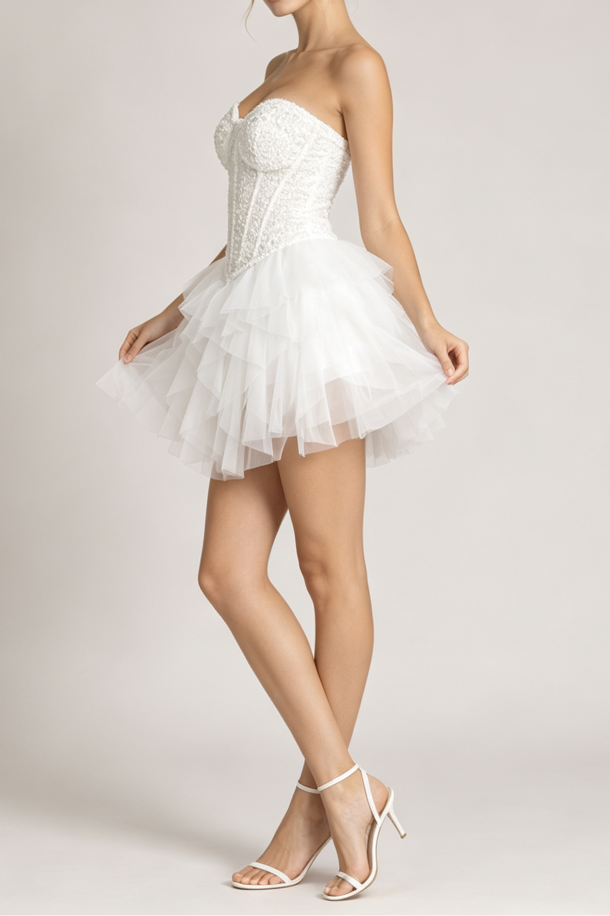 Beaded Strapless Corset & Ruffle Tulle Mini Skirt Two-Piece Set Avalabel