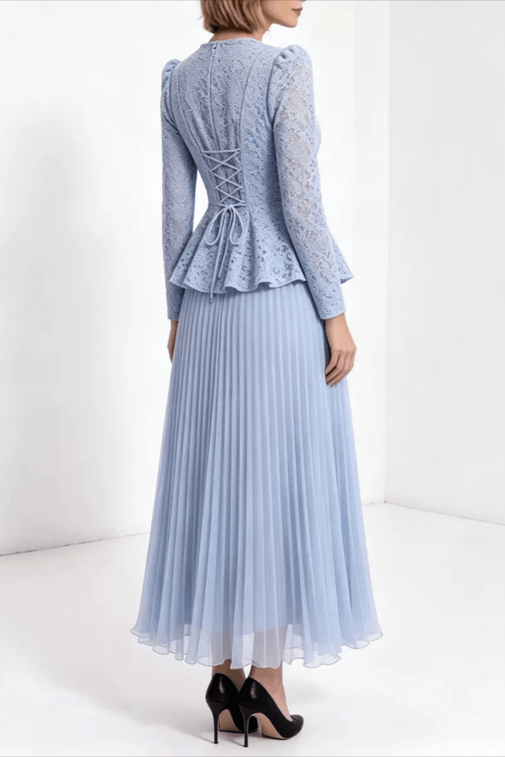 Lucy Lace Peplum Top and Pleated Skirt Two Piece Set Avalabel