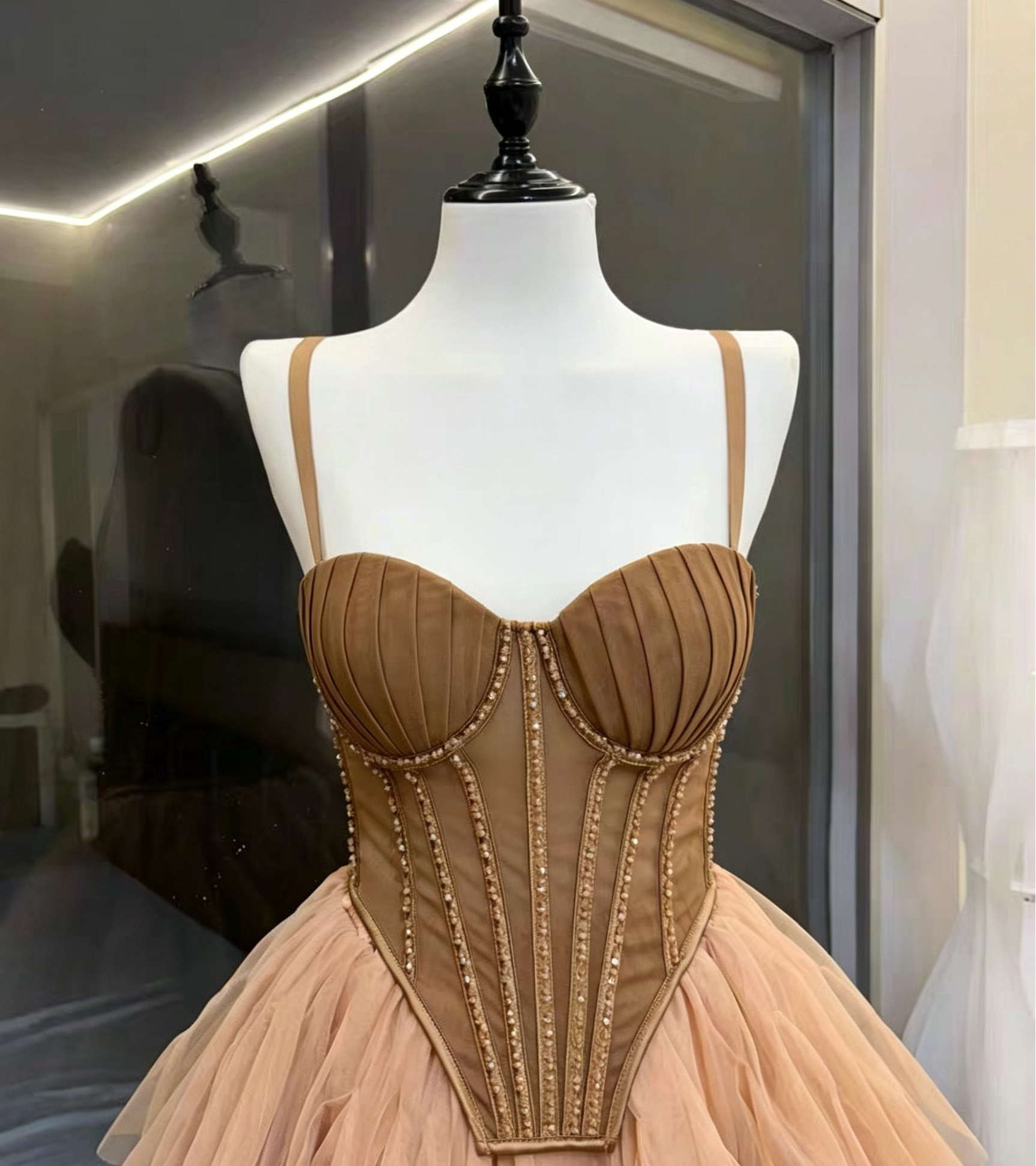 Rhinestone Strap Corset & Fluffy Tulle Mini Skirt Two-Piece Set Avalabel