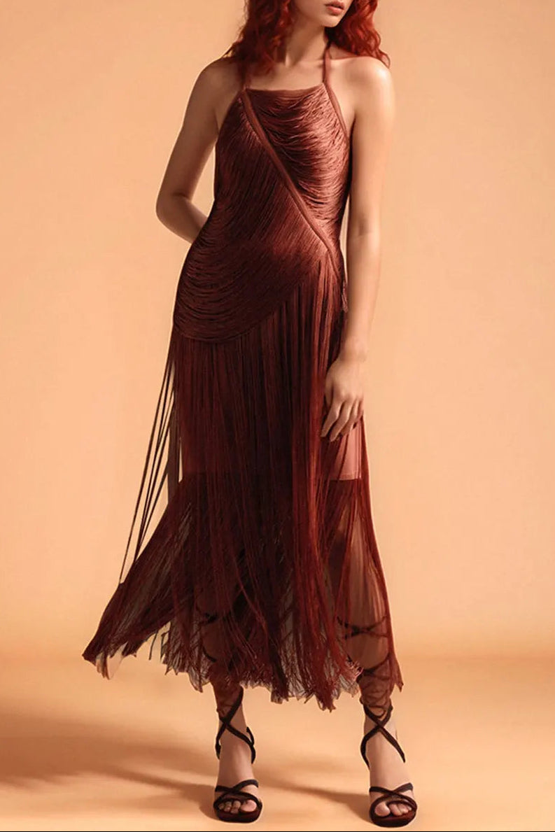 nicola pleated halter fringe maxi dress in brown Avalabel