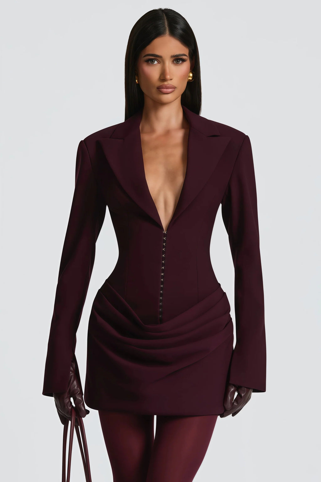 amelia v-neck ruched Blazer Mini Dress in Wine Red Avalabel