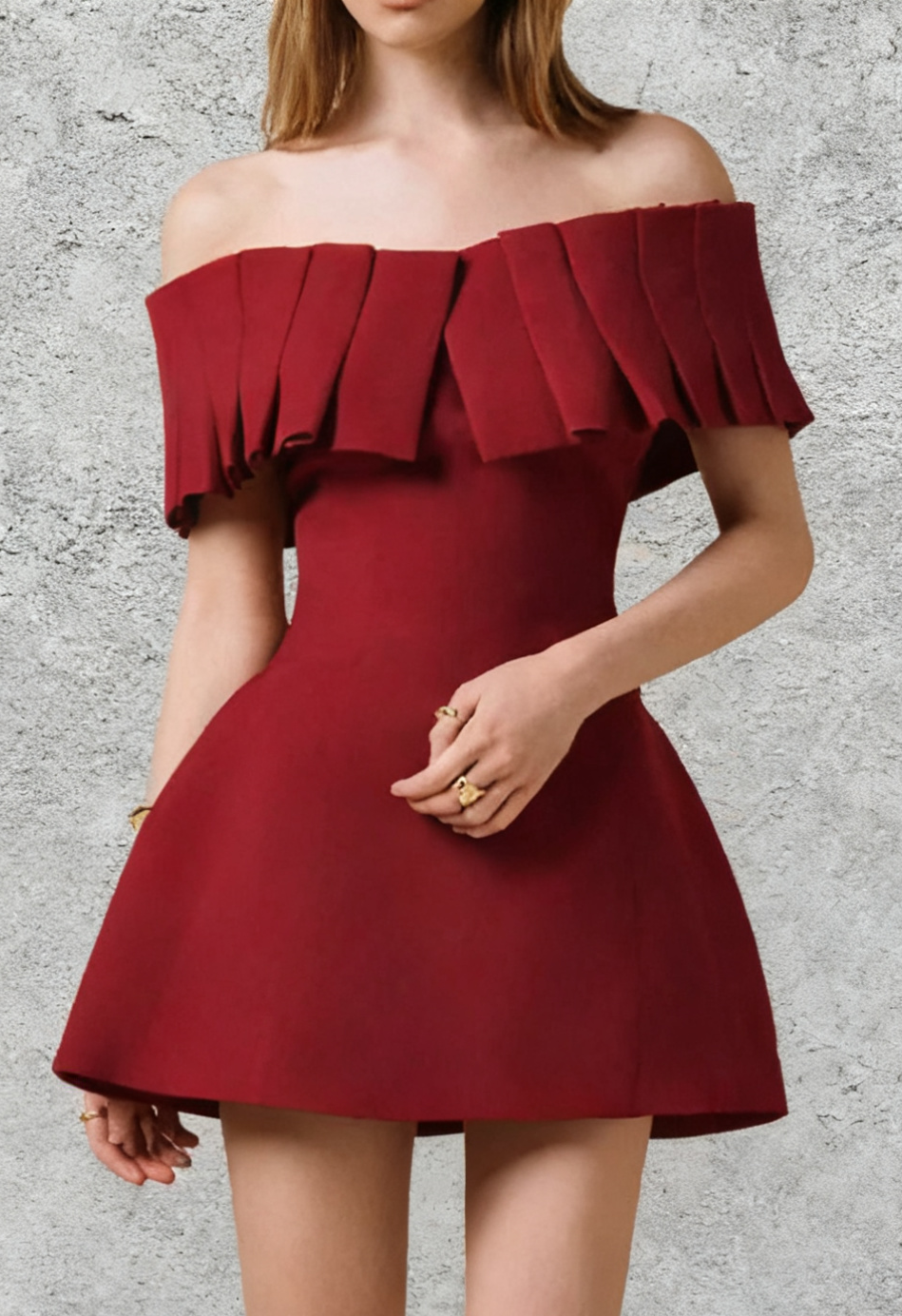 Marcia Off-Shoulder Pleated Mini Dress in Red