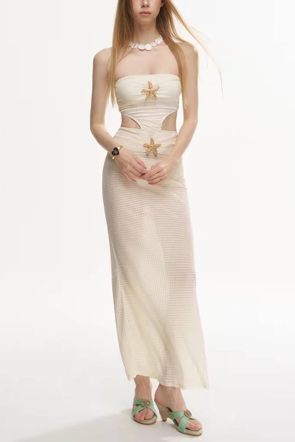 Marina Cream Starfish Strapless Cutout Two Piece Cover Up Swimsuit Avalabel