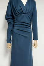 Rose Blue Draped Long Sleeve Maxi Dress Avalabel