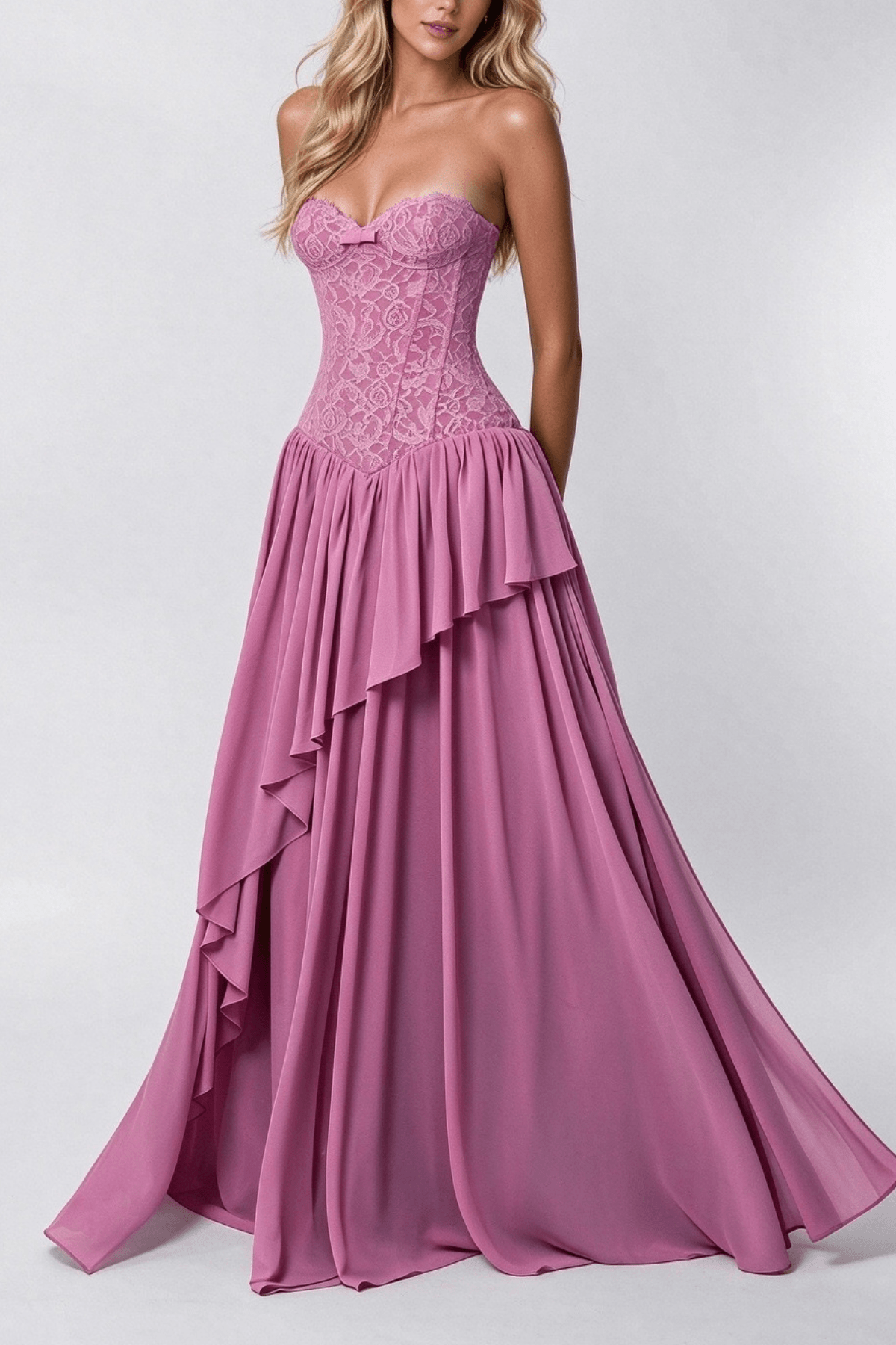 Strapless Pink Lace Corset Ruffled Maxi Dress Avalabel