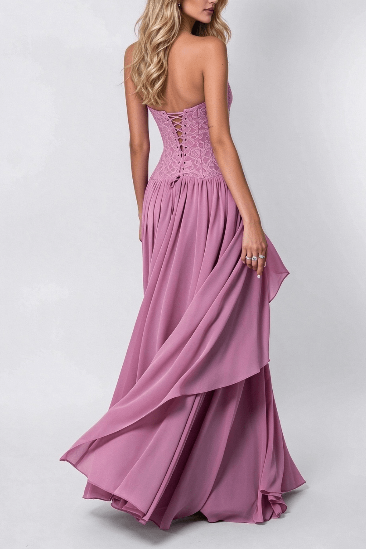 Strapless Pink Lace Corset Ruffled Maxi Dress Avalabel